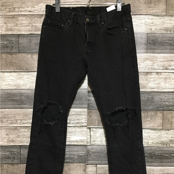 MNML Slim Skinny Jeans Men’s 29x30 Black Button Fly Distressed Ripped Knees - Picture 5 of 9